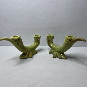 Vintage  Pasadena CA Pottery Green Art Deco Candle Holders Set Of 2